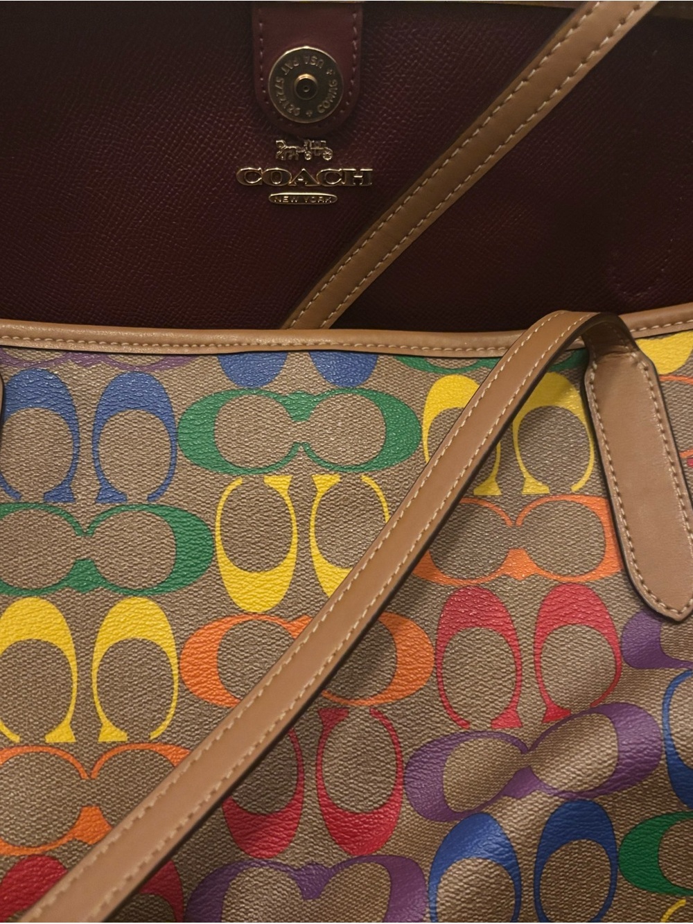 COACH Multicolor Signature Canvas Tote with Tan Leather Trim